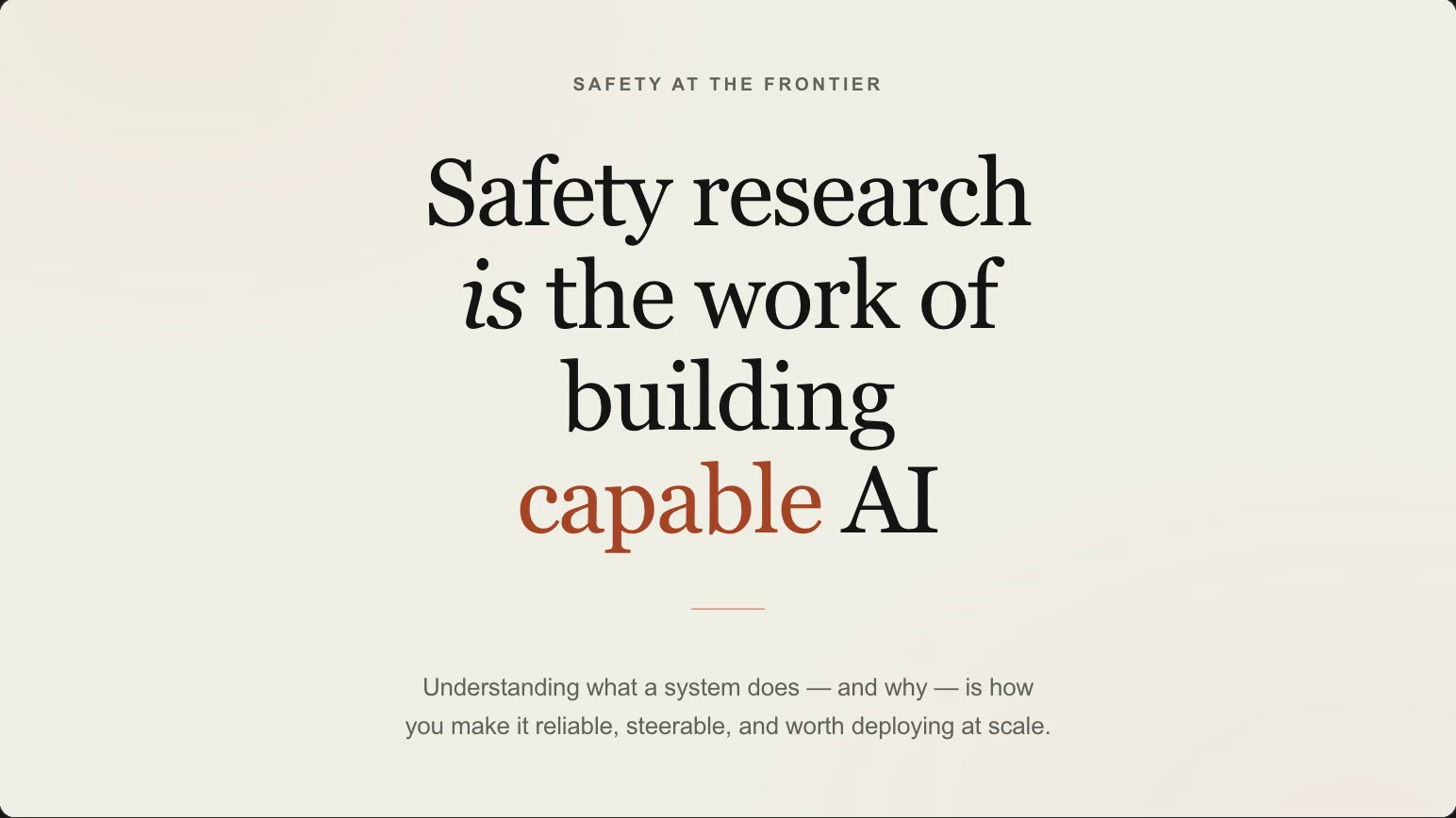 A slide in Anthropic's brand with a cream ground and a serif safety research headline.