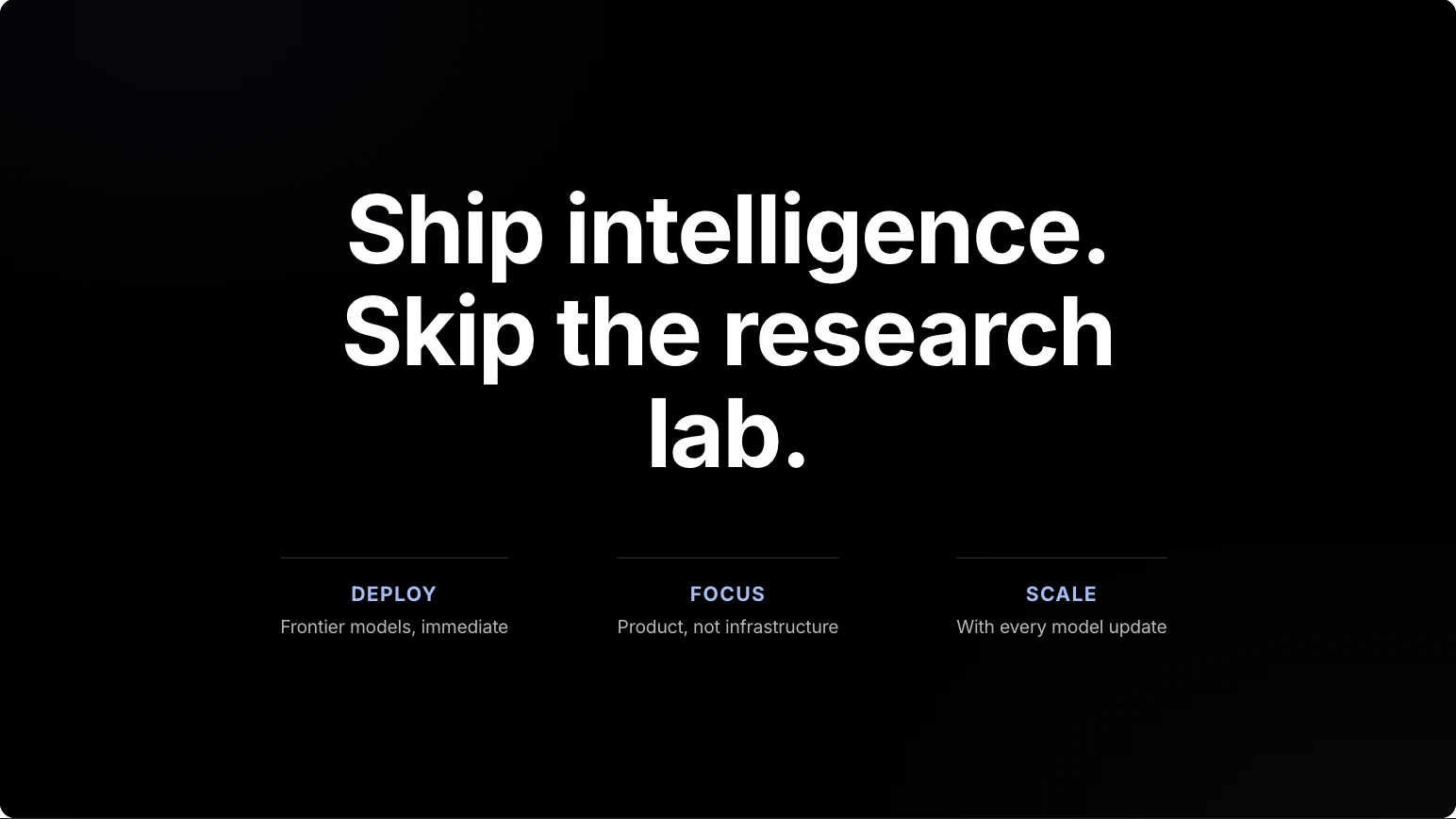 A slide in OpenAI's brand with a black ground and a bold intelligence headline.