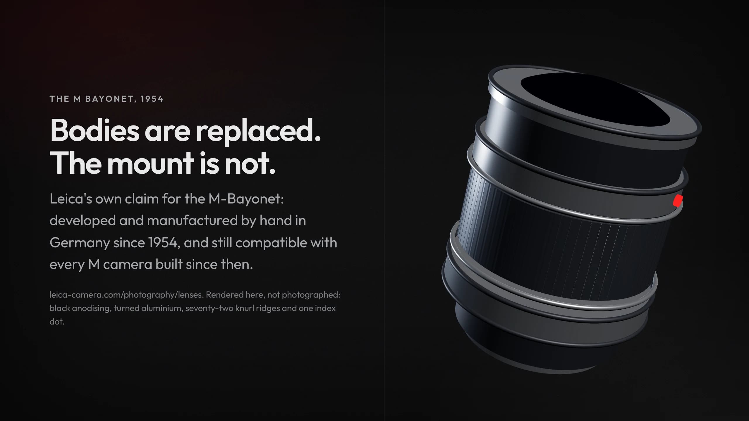 A slide in Leica's brand: a lens barrel rendered live in 3D on a near-black ground, machined aluminium and one red index dot.