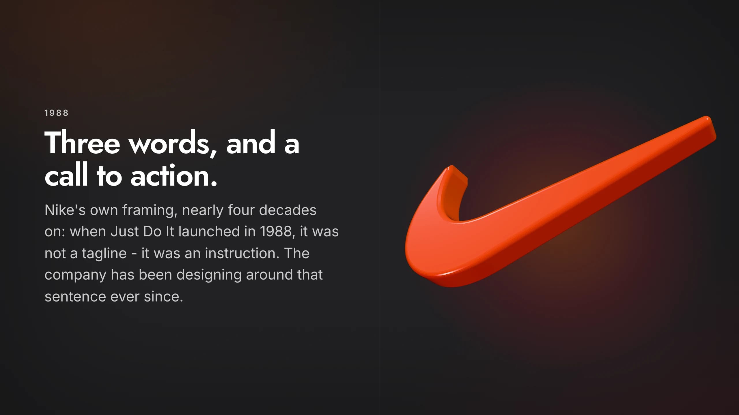 A Skroll scene in Nike's brand: the Swoosh rendered as a lacquered 3D solid on near-black