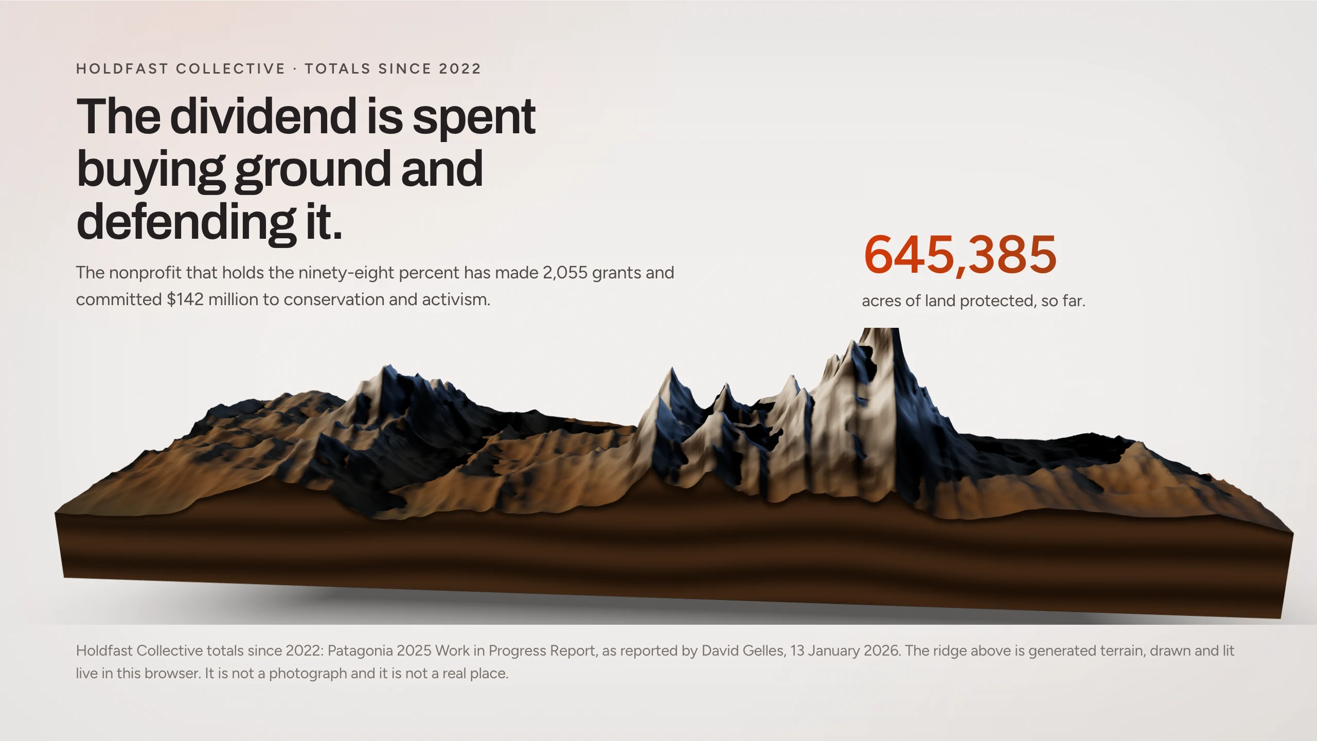 A Skroll scene in Patagonia's brand: a ridge line rendered live as a carved relief block