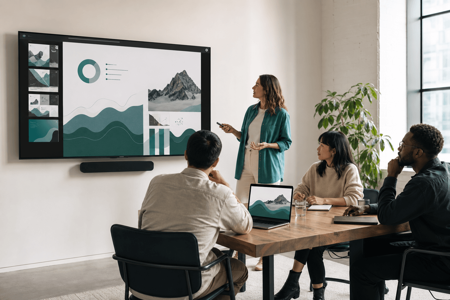 A small team presenting an expressive browser-native story in a bright studio