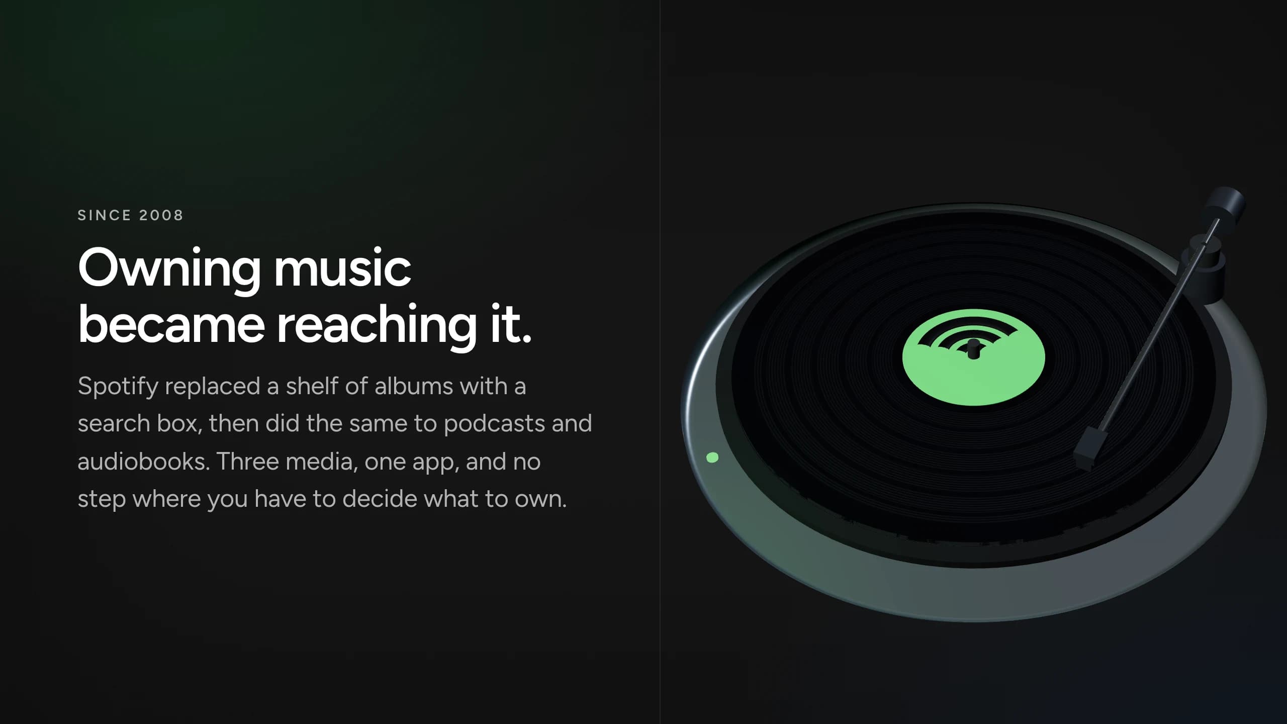 A Skroll scene in Spotify's brand: a record deck rendered live in 3D on a dark ground